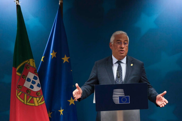 Brussels, Belgium. 21st Feb. 2020. Prime Minister of Portugal, Antonio Costa  speaks during a press conference following the EU leaders summit.