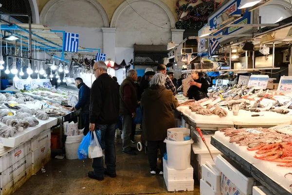 Cosnumers Compras Mercado Varvakio Antes Del Lunes Limpio Atenas Grecia —  Fotos de Stock