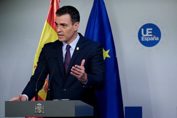 Brussels, Belgium. 22nd Feb. 2020. Spanish Prime Minister Pedro Sanchez speaks during a press conference following the EU leaders summit.