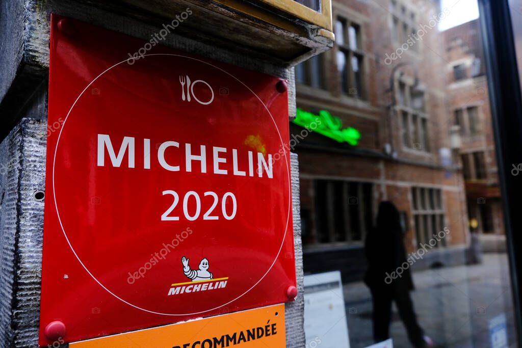 A logo of Michelin Guides in a restaurant in Brussels, Belgium on March 14, 2020.