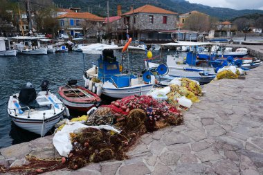 Yunanistan 'ın Lezbiyen adasındaki Skala Sikamine Limanı' nda 5 Mart 2020 'de balıkçı tekneleri