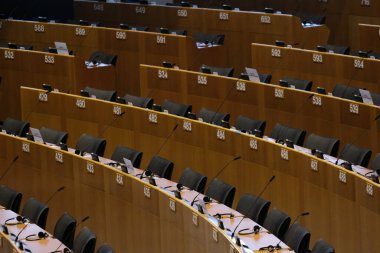 Brussels, Belgium. 26th March 2020. A general view of the hemicycle during of a special session of the EU Parliament to approve special measures to soften the sudden economic impact of coronavirus disease (COVID-19) clipart