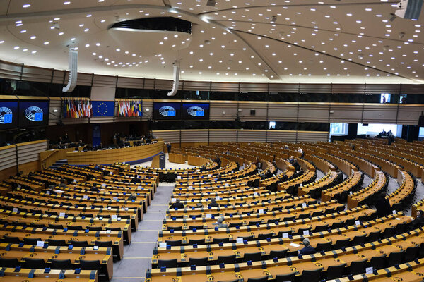 Brussels, Belgium. 26th March 2020. A general view of the hemicycle during of a special session of the EU Parliament to approve special measures to soften the sudden economic impact of coronavirus disease (COVID-19)