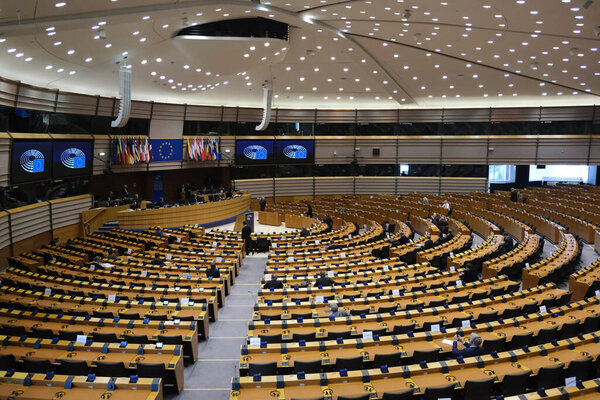 Brussels, Belgium. 26th March 2020. A general view of the hemicycle during of a special session of the EU Parliament to approve special measures to soften the sudden economic impact of coronavirus disease (COVID-19)