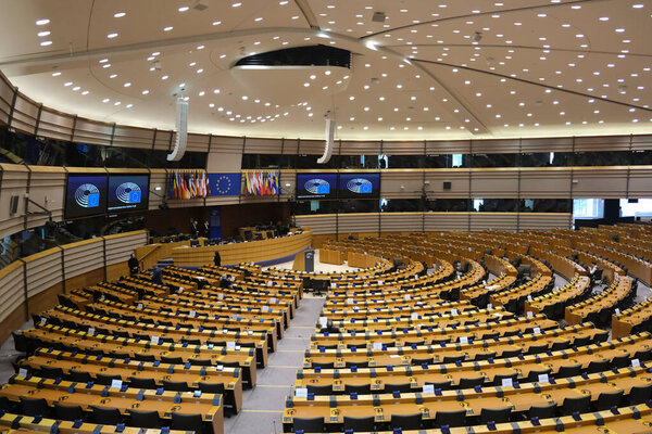 Brussels, Belgium. 26th March 2020. A general view of the hemicycle during of a special session of the EU Parliament to approve special measures to soften the sudden economic impact of coronavirus disease (COVID-19)