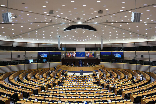 Brussels, Belgium. 26th March 2020. A general view of the hemicycle during of a special session of the EU Parliament to approve special measures to soften the sudden economic impact of coronavirus disease (COVID-19)