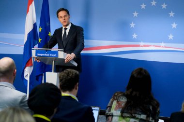 Brüksel, Belçika. 21 Şubat 2020. Hollanda Başbakanı Mark Rutte, AB liderlerinin zirvesi sonrasında düzenlediği basın toplantısında konuştu.