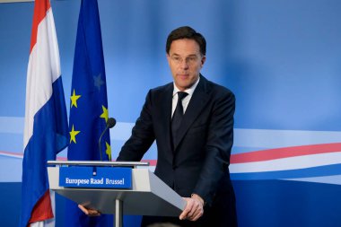 Brüksel, Belçika. 21 Şubat 2020. Hollanda Başbakanı Mark Rutte, AB liderlerinin zirvesi sonrasında düzenlediği basın toplantısında konuştu.