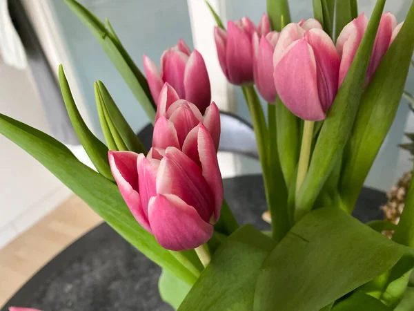 Bucket Pink Tulips House — Stock Photo, Image