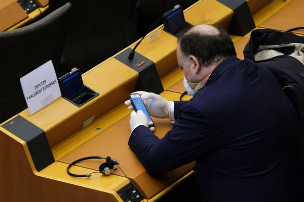 Brussels Belgium 26Th March 2020 Members European Parliament Wearing Masks — Stock Photo, Image