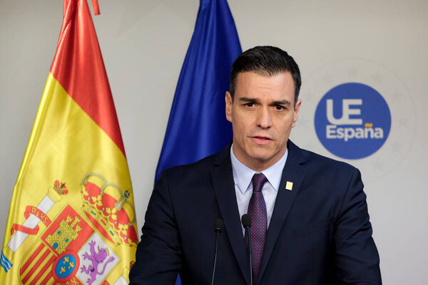 Brussels, Belgium. 22nd Feb. 2020. Spanish Prime Minister Pedro Sanchez speaks during a press conference following the EU leaders summit.