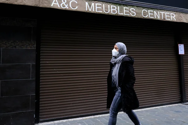 Pedestrian Wearing Protective Face Mask Walks City Center Belgium Imposed Stock Picture