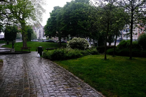 Vista Parque Vazio Durante Dia Chuvoso Após Surto Doença Por — Fotografia de Stock