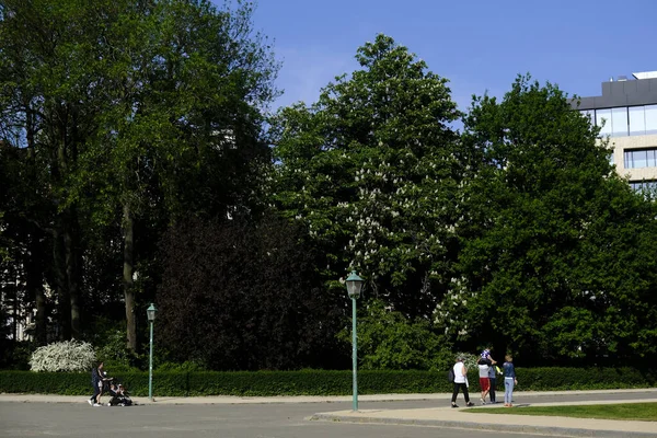 Gente Camina Disfruta Del Día Soleado Parque Mientras Continúa Propagación — Foto de Stock
