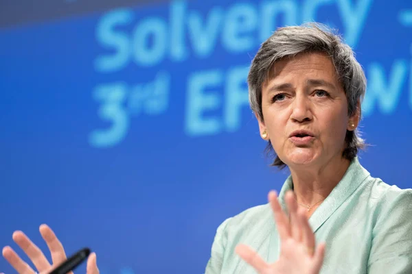 유럽의 부통령 마르그레테 베스터 Margrethe Vestager 2020 브뤼셀에 본부에서 열리는 — 스톡 사진