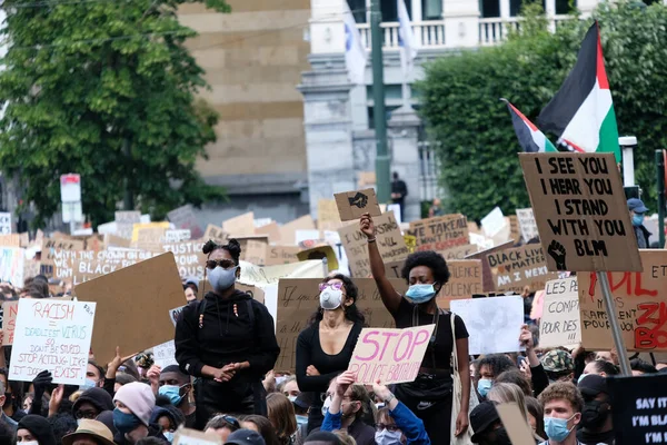 Protesters Hold Placards Gather Central Brussels Black Lives Matter Protest — Stock Photo, Image