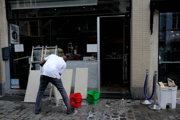 Employee Prepares Terraces Restaurant Central Brussels Country Began Easing Lockdown Stock Picture