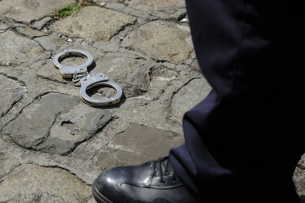 Brüssel Belgien Juni 2020 Von Polizisten Boden Zurückgelassene Handschellen Werden — Stockfoto