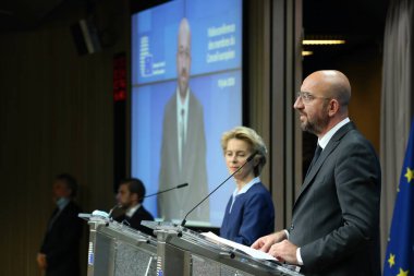 EU Commission President Ursula Von Der Leyen  and EU Council President Charles Michel gives a new conference following European summit in video conference format, in Brussels, Belgium, 19 June 2020 clipart