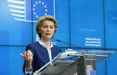 EU Commission President Ursula Von Der Leyen  and EU Council President Charles Michel gives a new conference following European summit in video conference format, in Brussels, Belgium, 19 June 2020 clipart