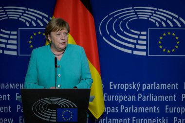 German Chancellor Angela Merkel and European Parliament President David Sassoli attend in joint press conference at the European Parliament in Brussels, Belgium on July 8, 2020.  clipart