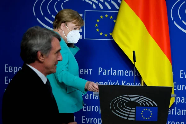 Chanceler Alemã Angela Merkel Presidente Parlamento Europeu David Sassoli Participam — Fotografia de Stock