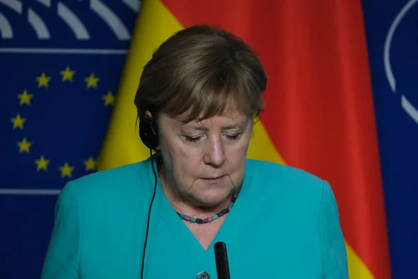 Německá Kancléřka Angela Merkelová Předseda Evropského Parlamentu David Sassoli Zúčastní — Stock fotografie