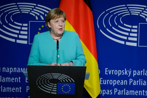 Cancelliera Tedesca Angela Merkel Presidente Del Parlamento Europeo David Sassoli — Foto Stock