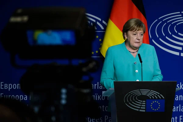 Cancelliera Tedesca Angela Merkel Presidente Del Parlamento Europeo David Sassoli — Foto Stock