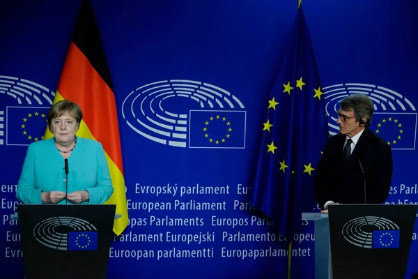 Canciller Alemana Angela Merkel Presidente Del Parlamento Europeo David Sassoli —  Fotos de Stock