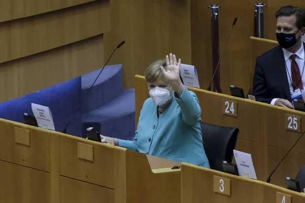 Bundeskanzlerin Angela Merkel Spricht Während Einer Plenarsitzung Europäischen Parlament Brüssel — Stockfoto
