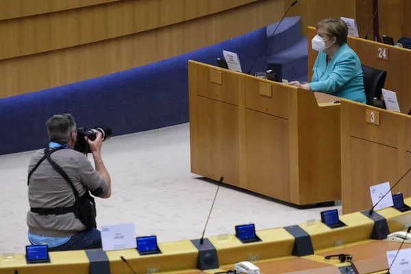 Angela Merkel Német Kancellár Európai Parlament Brüsszeli Plenáris Ülésén Szólal — Stock Fotó