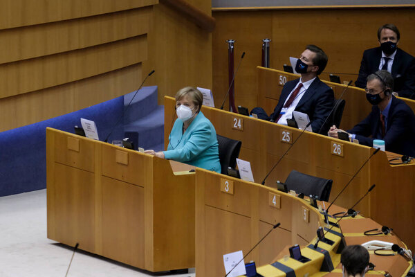 German Chancellor Angela Merkel addresses the chamber during a plenary session at the European Parliament in Brussels, Belgium, July 8, 2020. 