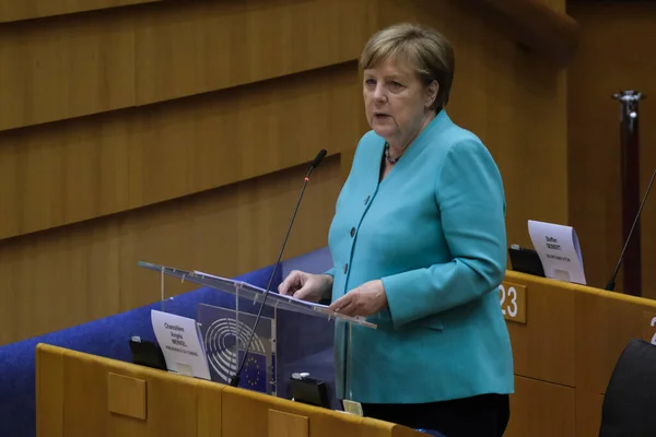 Německá Kancléřka Angela Merkelová Vystoupila Plenárním Zasedání Evropském Parlamentu Bruselu — Stock fotografie
