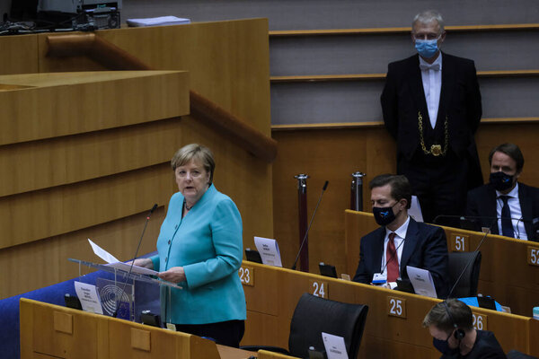 German Chancellor Angela Merkel addresses the chamber during a plenary session at the European Parliament in Brussels, Belgium, July 8, 2020. 