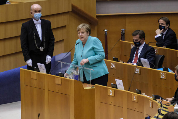 German Chancellor Angela Merkel addresses the chamber during a plenary session at the European Parliament in Brussels, Belgium, July 8, 2020. 