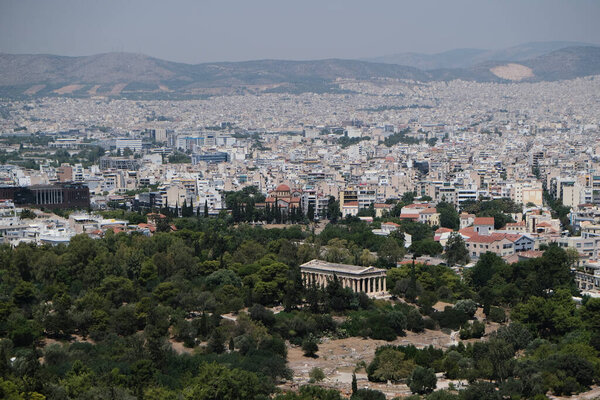 View of Athens from the Acropolis hill in Athens, Greece on Aug. 5, 2020