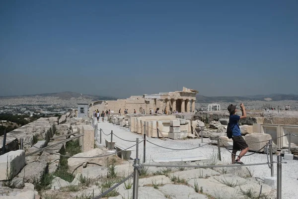 Turisti Visitano Collina Dell Acropoli Atene Grecia Agosto 2020 — Foto Stock