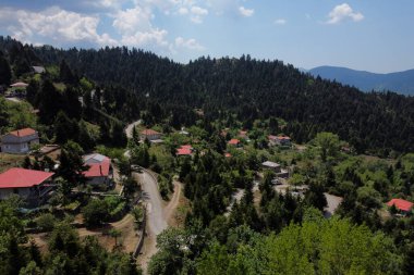 Lefka ya da Paloukova köyünün havadan görünüşü, Yunanistan 'da 1 Ağustos 2020' de köknar ağaçlarından oluşan bir orman arasında, güzel bir doğal ortamda inşa edilmiş bir köydür.
