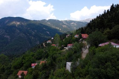Lefka ya da Paloukova köyünün havadan görünüşü, Yunanistan 'da 1 Ağustos 2020' de köknar ağaçlarından oluşan bir orman arasında, güzel bir doğal ortamda inşa edilmiş bir köydür.