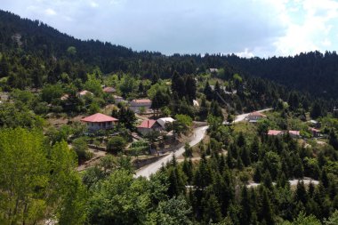 Lefka ya da Paloukova köyünün havadan görünüşü, Yunanistan 'da 1 Ağustos 2020' de köknar ağaçlarından oluşan bir orman arasında, güzel bir doğal ortamda inşa edilmiş bir köydür.