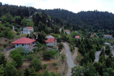 Lefka ya da Paloukova köyünün havadan görünüşü, Yunanistan 'da 1 Ağustos 2020' de köknar ağaçlarından oluşan bir orman arasında, güzel bir doğal ortamda inşa edilmiş bir köydür.