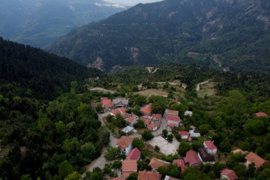 Lefka ya da Paloukova köyünün havadan görünüşü, Yunanistan 'da 1 Ağustos 2020' de köknar ağaçlarından oluşan bir orman arasında, güzel bir doğal ortamda inşa edilmiş bir köydür.