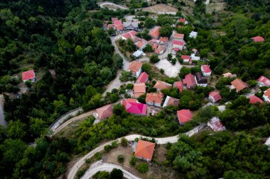Lefka ya da Paloukova köyünün havadan görünüşü, Yunanistan 'da 1 Ağustos 2020' de köknar ağaçlarından oluşan bir orman arasında, güzel bir doğal ortamda inşa edilmiş bir köydür.