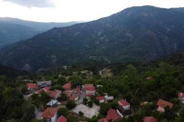 Lefka ya da Paloukova köyünün havadan görünüşü, Yunanistan 'da 1 Ağustos 2020' de köknar ağaçlarından oluşan bir orman arasında, güzel bir doğal ortamda inşa edilmiş bir köydür.