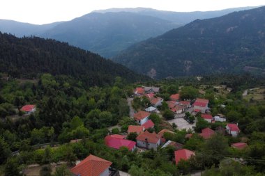 Lefka ya da Paloukova köyünün havadan görünüşü, Yunanistan 'da 1 Ağustos 2020' de köknar ağaçlarından oluşan bir orman arasında, güzel bir doğal ortamda inşa edilmiş bir köydür.