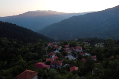 Lefka ya da Paloukova köyünün havadan görünüşü, Yunanistan 'da 1 Ağustos 2020' de köknar ağaçlarından oluşan bir orman arasında, güzel bir doğal ortamda inşa edilmiş bir köydür.