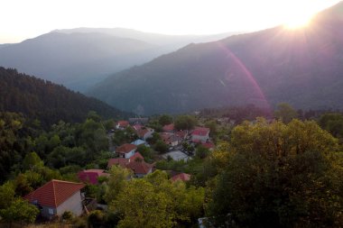 Lefka ya da Paloukova köyünün havadan görünüşü, Yunanistan 'da 1 Ağustos 2020' de köknar ağaçlarından oluşan bir orman arasında, güzel bir doğal ortamda inşa edilmiş bir köydür.