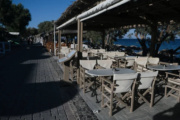 Tom Restaurang Byn Kamari Efter Utbrottet Coronavirus Covid Santorini Grekland — Stockfoto