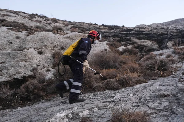 Пожежники Добровольці Працюють Над Гасінням Пожежі Селі Камарі Острові Санторіні — стокове фото